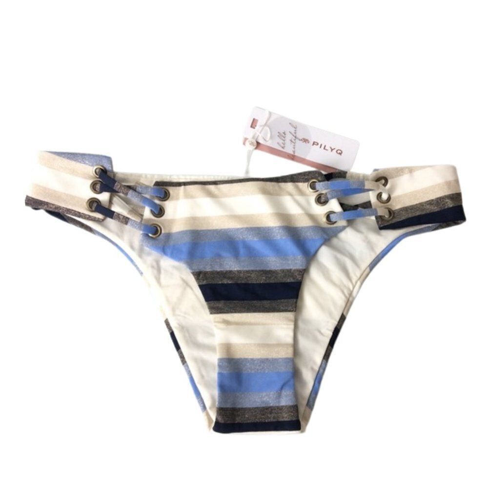 PilyQ Cancun Metallic Stripe Lace Up Teeny Bikini Bottoms Sz. L NWT